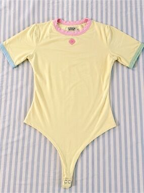 Yellow Bodysuit with Pink Neckline